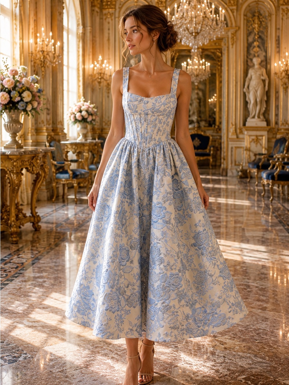 Blue Floral Jacquard Corset Midi Dress | Size M | and